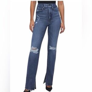 Good American Good Boy Straight Jeans 28 High Rise Distressed Raw Slit Hem